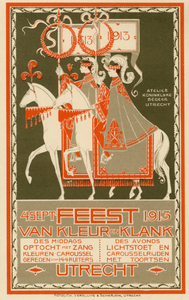 129428 Afbeelding van een reclamekaart met de aankondiging van het Feest van Kleur en Klank, de feestelijkheden rond de ...